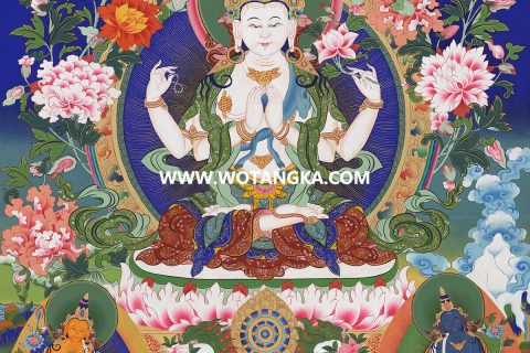 沃唐卡·觉蝉印坊微喷唐卡编号ZC71135：四臂观音雪域三怙主百花智慧轮吉祥平安供养图