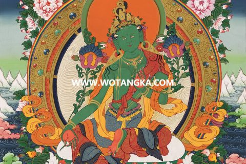 沃唐卡·觉蝉印坊微喷唐卡编号ZC71136：绿度母长寿三尊天界二本师吉祥平安供养图