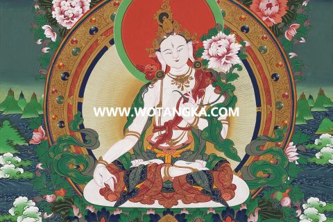 沃唐卡·觉蝉印坊微喷唐卡编号ZC71137：白度母长寿三尊智慧莲开吉祥长寿如意供养图