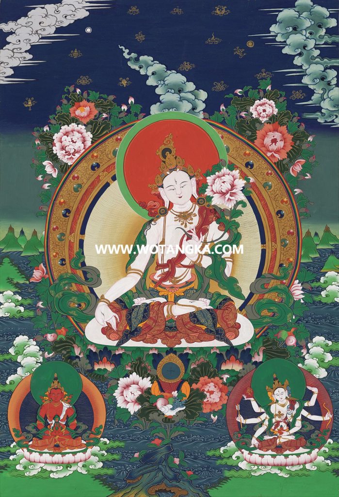 沃唐卡·觉蝉印坊微喷唐卡编号ZC71137：白度母长寿三尊智慧莲开吉祥长寿如意供养图
