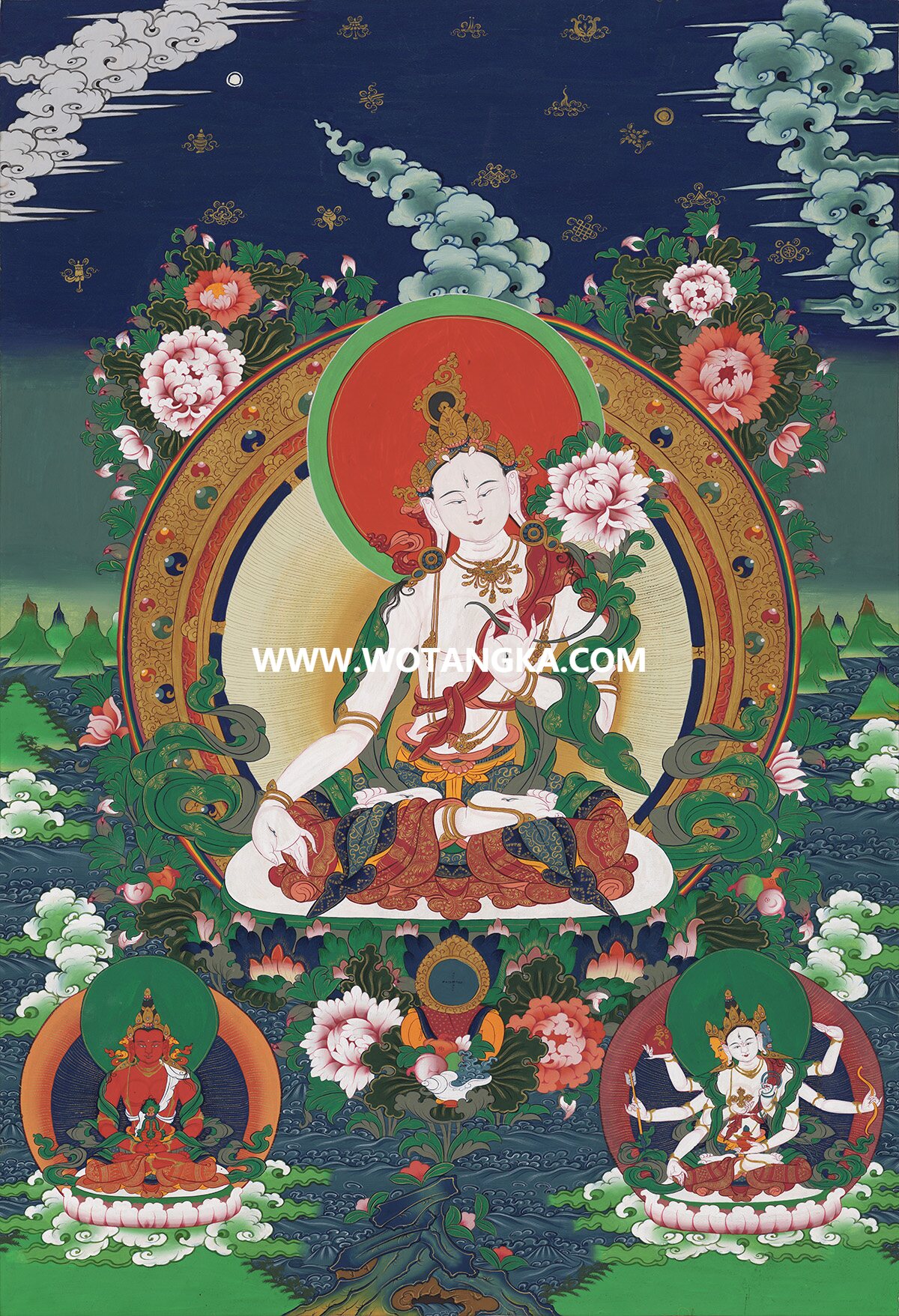 沃唐卡·觉蝉印坊微喷唐卡编号ZC71137：白度母长寿三尊智慧莲开吉祥长寿如意供养图