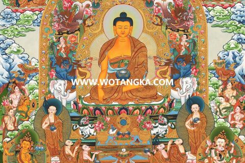 沃唐卡·觉蝉印坊微喷唐卡编号ZC71139：释迦牟尼佛六灵宝座天界诸佛吉祥财富供养图