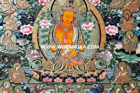 沃唐卡·觉蝉印坊微喷唐卡编号ZC71140：文殊菩萨说法印双狮宝座吉祥智慧说法供养图