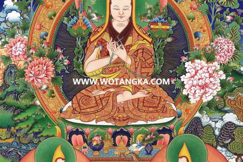 沃唐卡·觉蝉印坊微喷唐卡编号ZC71141：宗喀巴大师师君三尊吉祥伞如意智慧供养图