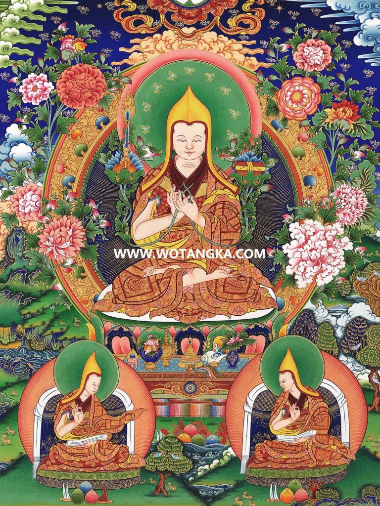 沃唐卡·觉蝉印坊微喷唐卡编号ZC71141：宗喀巴大师师君三尊吉祥伞如意智慧供养图
