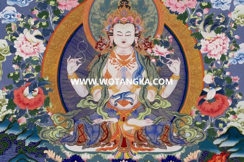 沃唐卡·觉蝉印坊微喷唐卡编号ZC71142：四臂观音雪域三怙主天界二净土平安智慧供养图