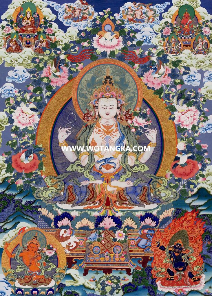 沃唐卡·觉蝉印坊微喷唐卡编号ZC71142：四臂观音雪域三怙主天界二净土平安智慧供养图