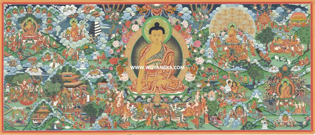 沃唐卡·觉蝉印坊微喷唐卡编号ZC71145：释迦牟尼佛佛陀八相成道吉祥供养图