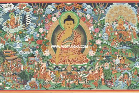 沃唐卡·觉蝉印坊微喷唐卡编号ZC71145：释迦牟尼佛佛陀八相成道吉祥供养图
