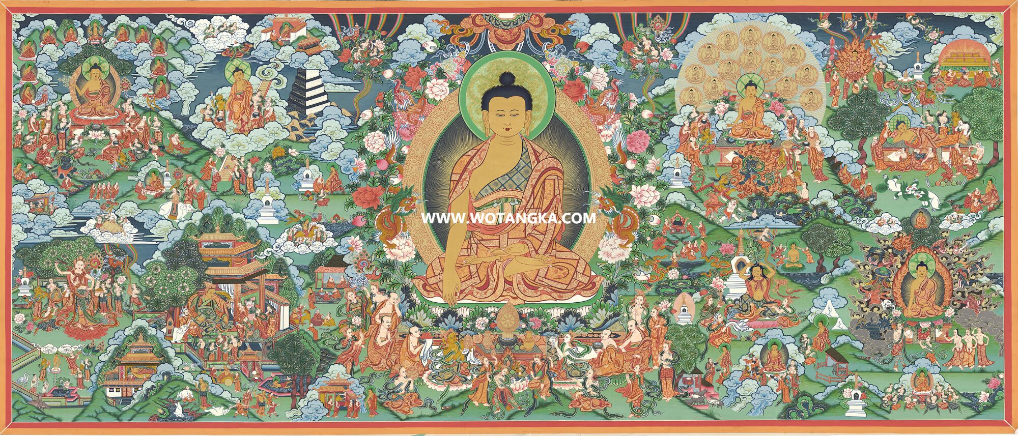 沃唐卡·觉蝉印坊微喷唐卡编号ZC71145：释迦牟尼佛佛陀八相成道吉祥供养图