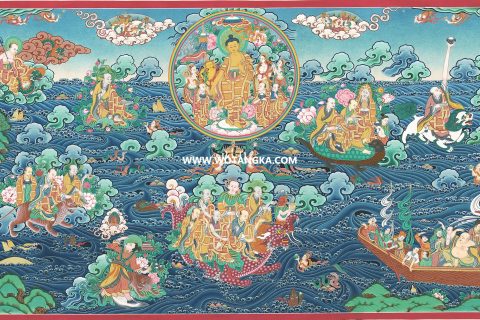 沃唐卡·觉蝉印坊微喷唐卡编号ZC71146：释迦牟尼佛十八罗汉渡江图