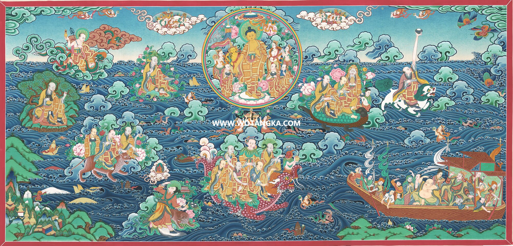 沃唐卡·觉蝉印坊微喷唐卡编号ZC71146：释迦牟尼佛十八罗汉渡江图