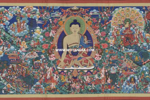 沃唐卡·觉蝉印坊微喷唐卡编号ZC71147：释迦牟尼佛佛陀八相成道智慧供养图