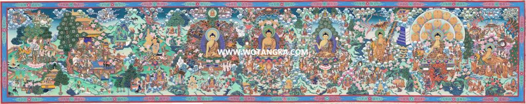 沃唐卡·觉蝉印坊微喷唐卡编号ZC71148：释迦牟尼佛十二瑞相法界源流图