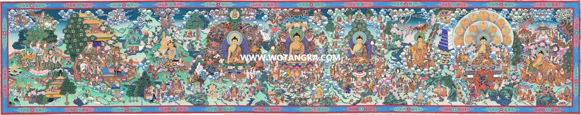 沃唐卡·觉蝉印坊微喷唐卡编号ZC71148：释迦牟尼佛十二瑞相法界源流图
