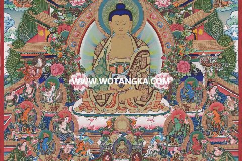 沃唐卡·觉蝉印坊微喷唐卡编号ZC71149：阿弥陀佛极乐净土八大菩萨吉祥平安供养图