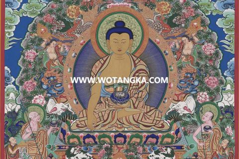 沃唐卡·觉蝉印坊微喷唐卡编号ZC71150：释迦牟尼佛三尊十大弟子说法传经吉祥供养图