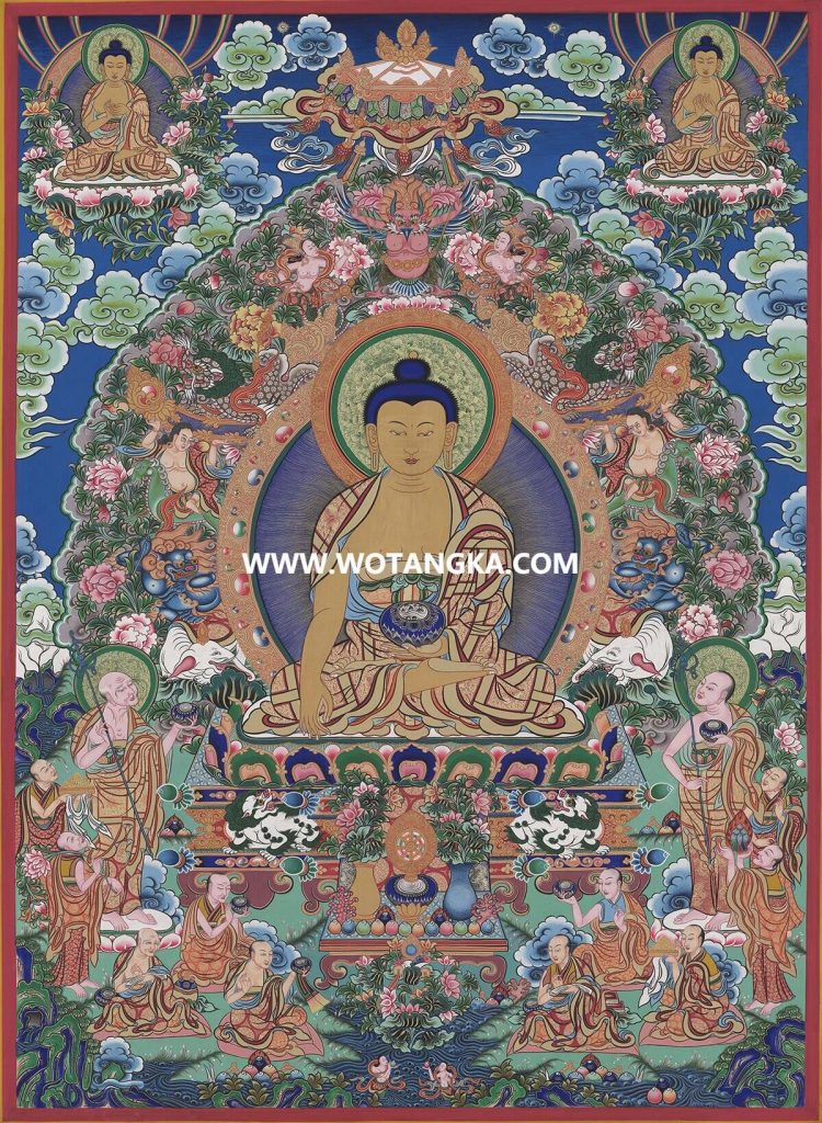 沃唐卡·觉蝉印坊微喷唐卡编号ZC71150：释迦牟尼佛三尊十大弟子说法传经吉祥供养图