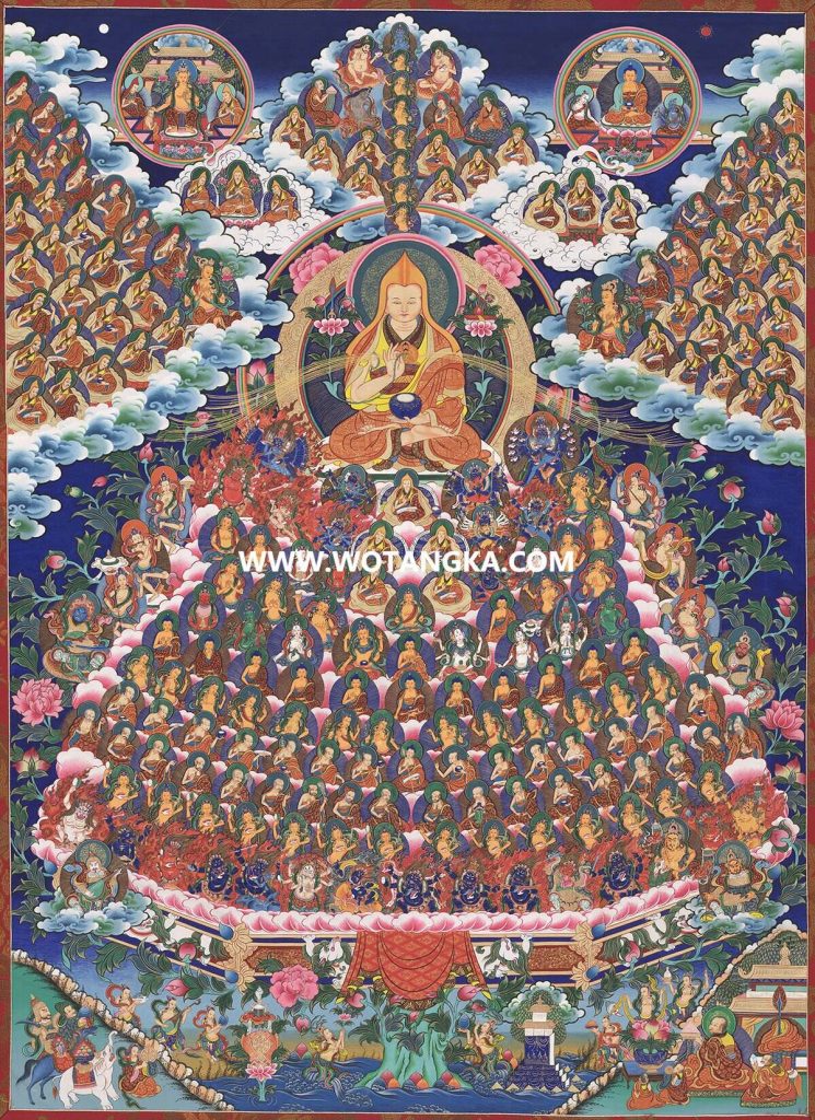 沃唐卡·觉蝉印坊微喷唐卡编号ZC71151：宗喀巴大师格鲁派皈依境资粮福田供养图