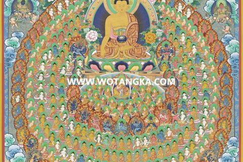 沃唐卡·觉蝉印坊微喷唐卡编号ZC71152：释迦牟尼佛格鲁派皈依境资粮福田供养图