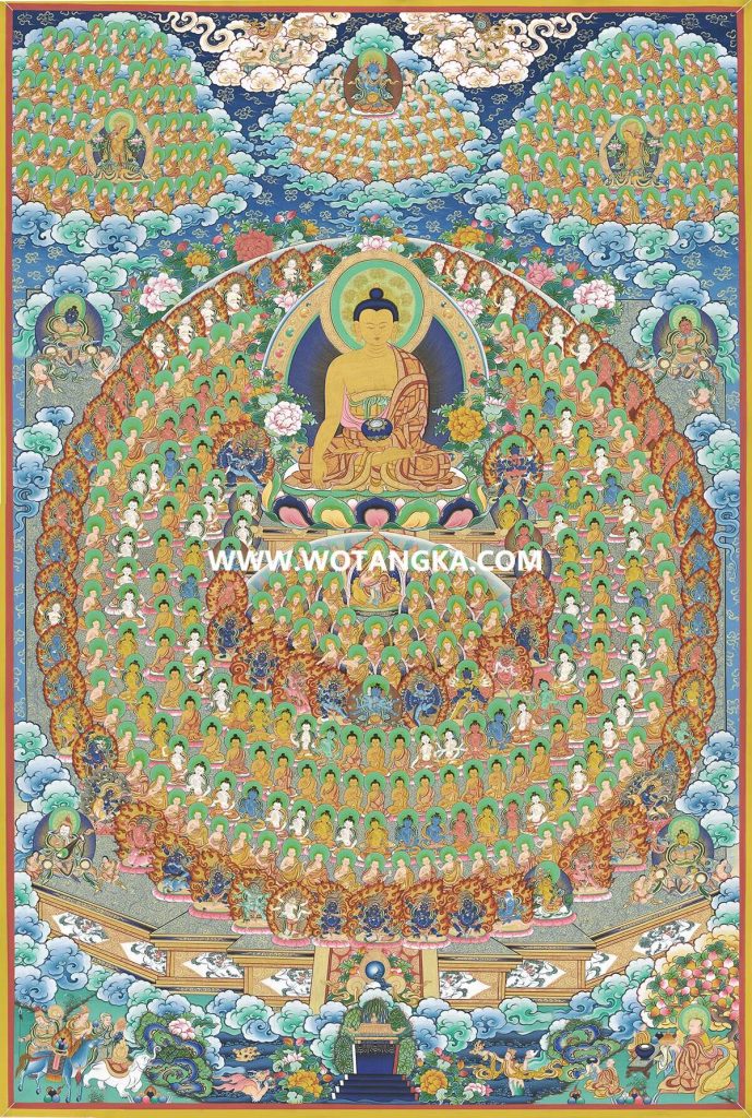 沃唐卡·觉蝉印坊微喷唐卡编号ZC71152：释迦牟尼佛格鲁派皈依境资粮福田供养图