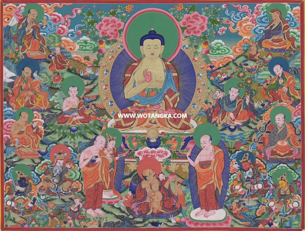 沃唐卡·觉蝉印坊微喷唐卡编号ZC71153：释迦牟尼佛诸罗汉与四大天王听法智慧供养图