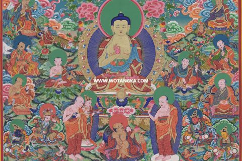 沃唐卡·觉蝉印坊微喷唐卡编号ZC71153：释迦牟尼佛诸罗汉与四大天王听法智慧供养图