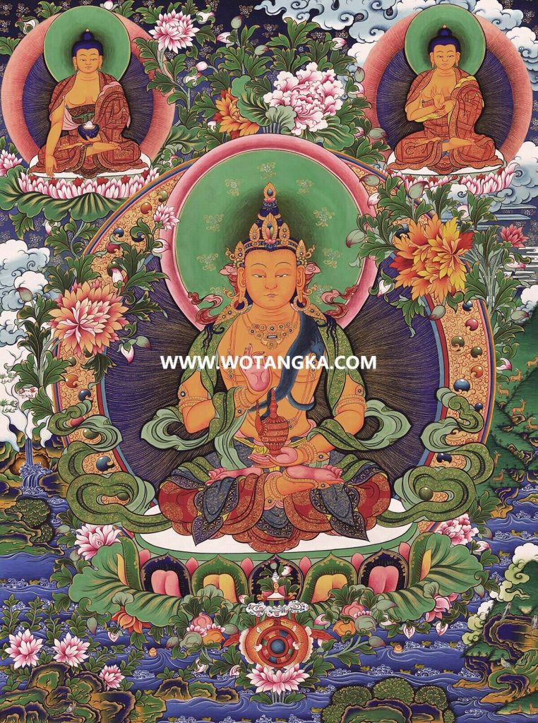 沃唐卡·觉蝉印坊微喷唐卡编号ZC71154：弥勒菩萨三世佛吉祥赐福供养图