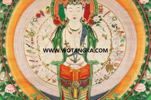 沃唐卡·觉蝉印坊微喷唐卡编号ZC71156：千手观音二度母天界诸上师吉祥本尊供养图