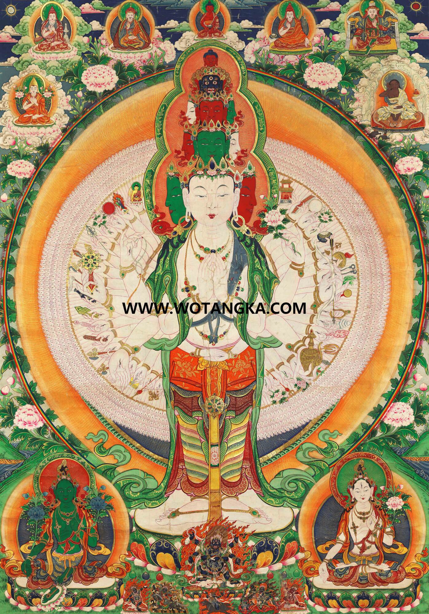 沃唐卡·觉蝉印坊微喷唐卡编号ZC71156：千手观音二度母天界诸上师吉祥本尊供养图