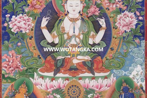 沃唐卡·觉蝉印坊微喷唐卡编号ZC71157：四臂观音寂静雪域三怙主吉祥平安供养图