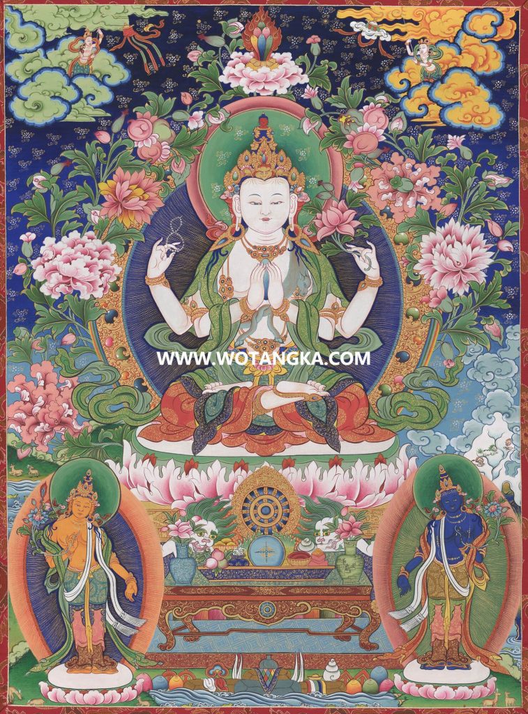 沃唐卡·觉蝉印坊微喷唐卡编号ZC71157：四臂观音寂静雪域三怙主吉祥平安供养图