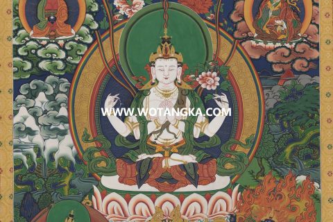 沃唐卡·觉蝉印坊微喷唐卡编号ZC71158：四臂观音三怙主六字大明咒化现吉祥二上师供养图