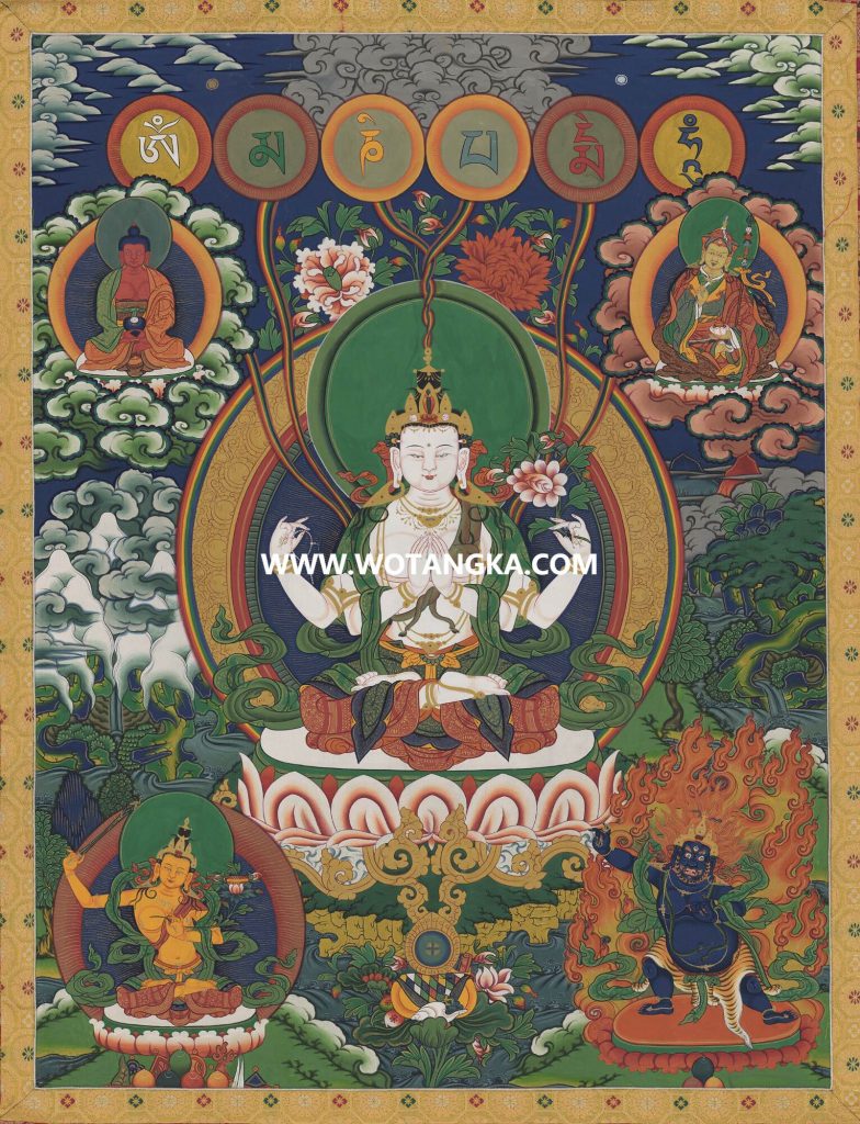 沃唐卡·觉蝉印坊微喷唐卡编号ZC71158：四臂观音三怙主六字大明咒化现吉祥二上师供养图