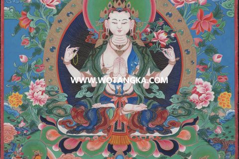 沃唐卡·觉蝉印坊微喷唐卡编号ZC71159：四臂观音三怙主天界三佛吉祥财富供养图
