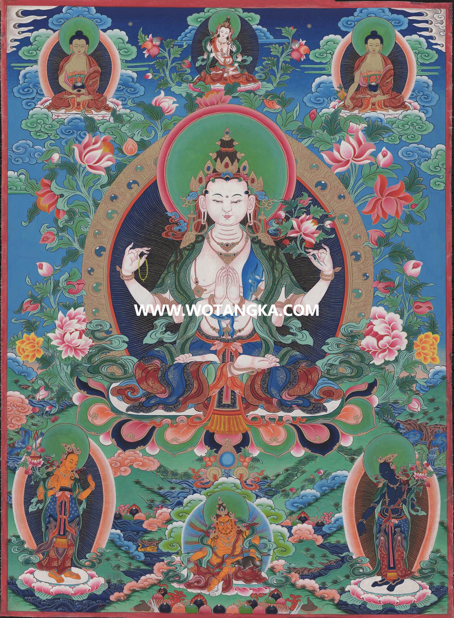 沃唐卡·觉蝉印坊微喷唐卡编号ZC71159：四臂观音三怙主天界三佛吉祥财富供养图
