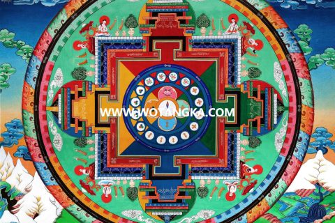 沃唐卡·觉蝉印坊微喷唐卡编号ZC71163：五部文殊菩萨智慧净土观想坛城供养图