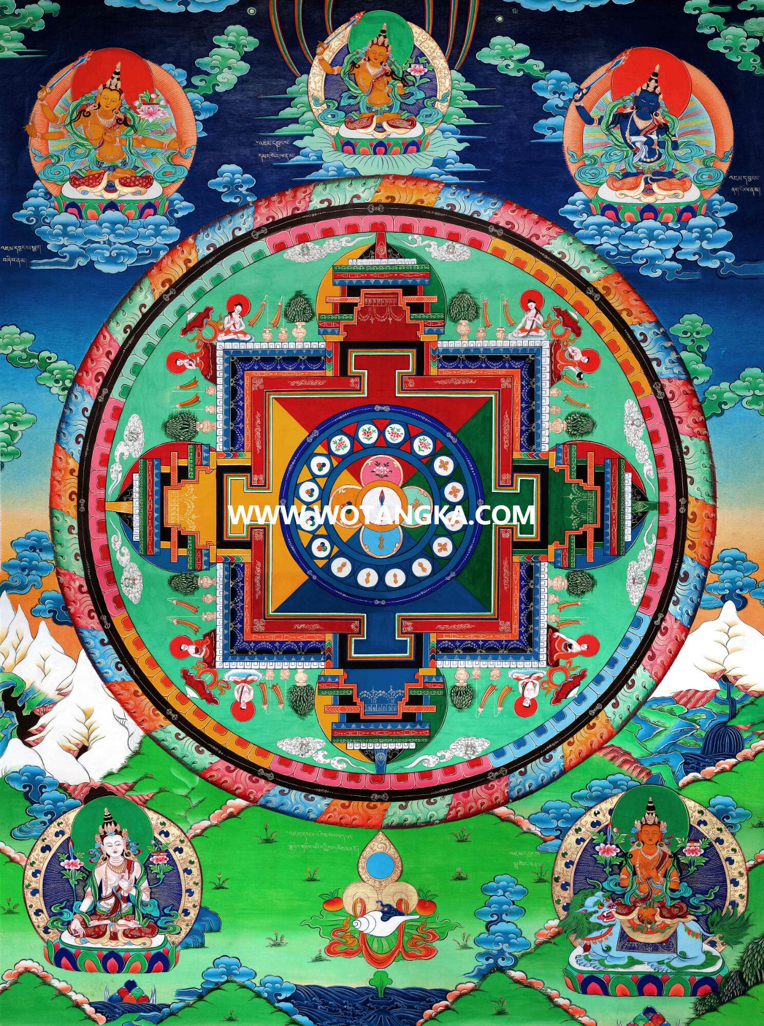 沃唐卡·觉蝉印坊微喷唐卡编号ZC71163：五部文殊菩萨智慧净土观想坛城供养图