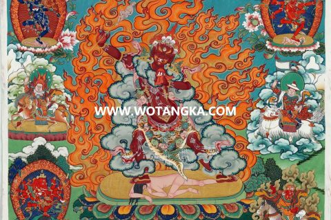 沃唐卡·觉蝉印坊微喷唐卡编号ZC71168：一髻佛母宁玛派三根众护法尊吉祥本尊供养图