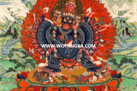 沃唐卡·觉蝉印坊微喷唐卡编号ZC71169：大威德金刚三护法众天界上师吉祥本尊供养图