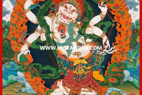 沃唐卡·觉蝉印坊微喷唐卡编号ZC71171：白六臂玛哈嘎拉如意珍宝怙主吉祥财富供养图
