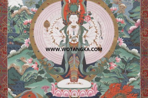 沃唐卡·觉蝉印坊微喷唐卡编号ZC71172：千手观音雪域三怙主吉祥莲台平安如意供养图