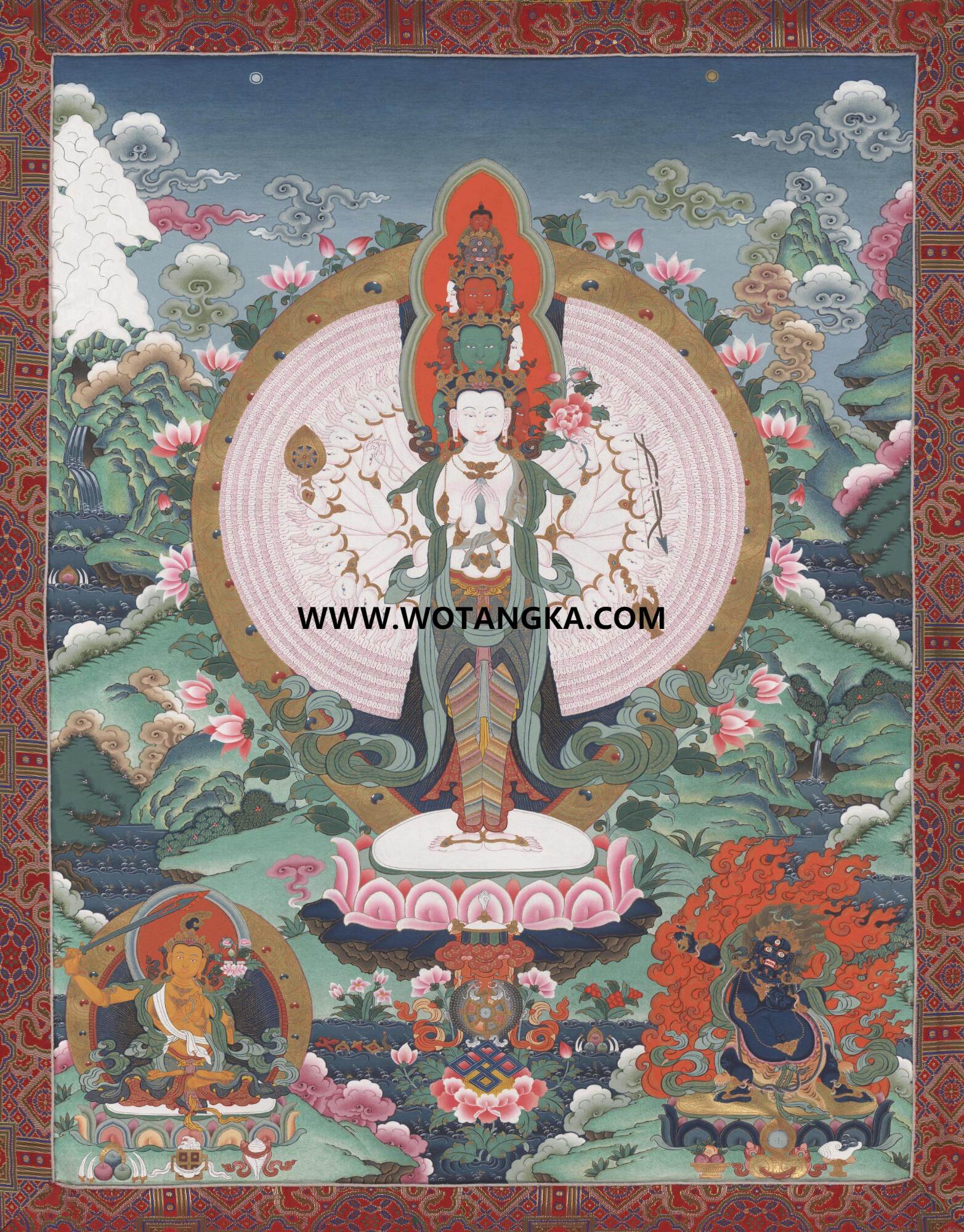 沃唐卡·觉蝉印坊微喷唐卡编号ZC71172：千手观音雪域三怙主吉祥莲台平安如意供养图