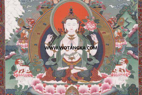 沃唐卡·觉蝉印坊微喷唐卡编号ZC71173：四臂观音吉祥莲上师供养如意供养图