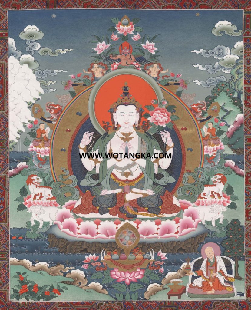 沃唐卡·觉蝉印坊微喷唐卡编号ZC71173：四臂观音吉祥莲上师供养如意供养图