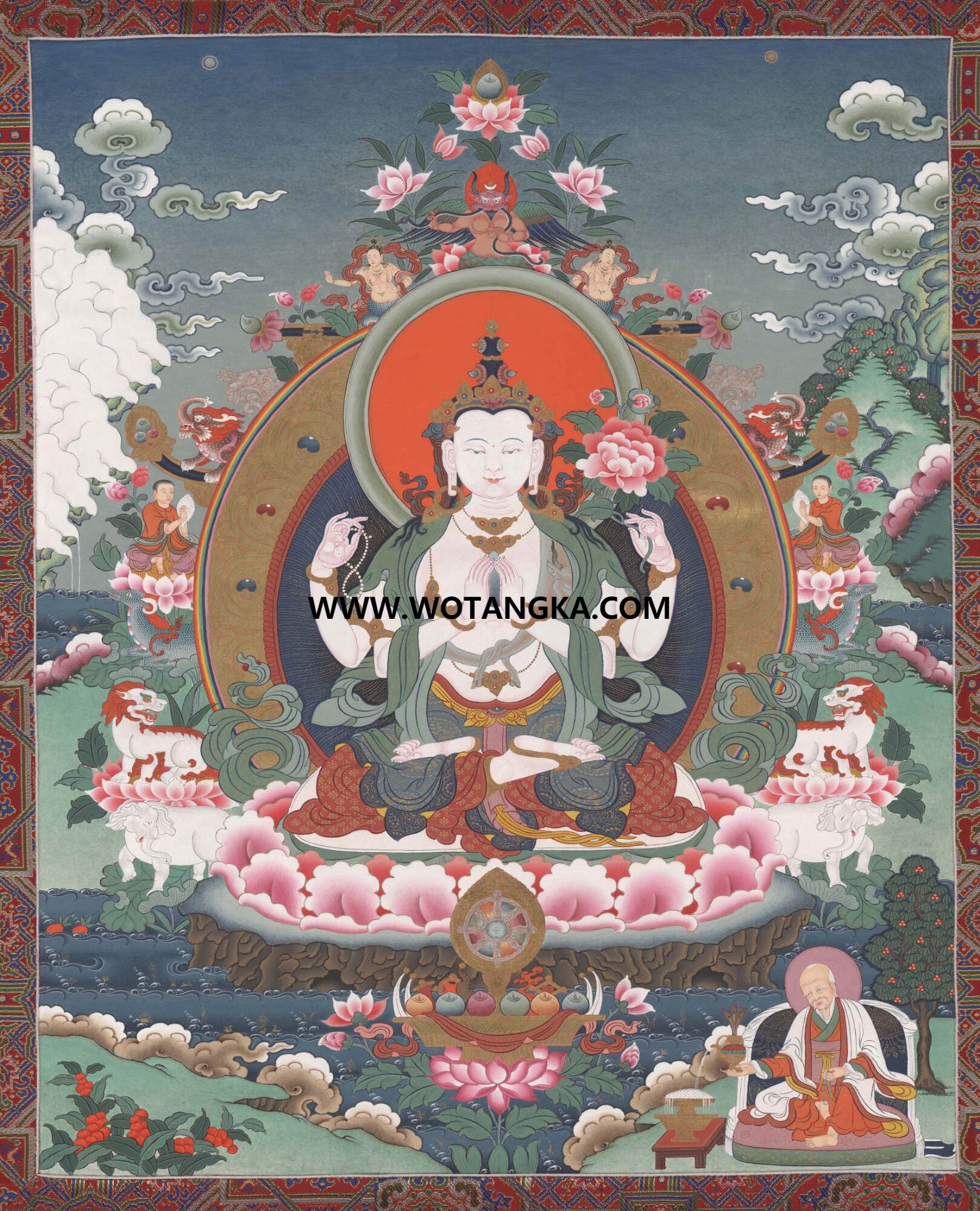 沃唐卡·觉蝉印坊微喷唐卡编号ZC71173：四臂观音吉祥莲上师供养如意供养图