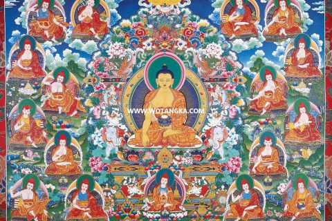 沃唐卡·觉蝉印坊微喷唐卡编号ZC71174：释迦牟尼佛与众上师吉祥智慧供养图