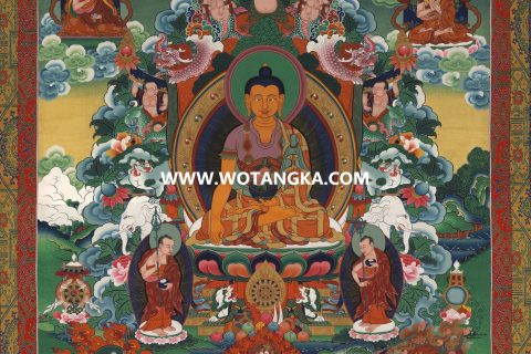 沃唐卡·觉蝉印坊微喷唐卡编号ZC71175：释迦牟尼佛与诸大成就者吉祥本尊供养图