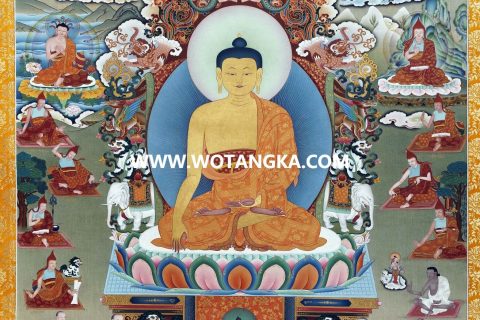 沃唐卡·觉蝉印坊微喷唐卡编号ZC71176：释迦牟尼佛三世佛与诸上师吉祥赐福供养图