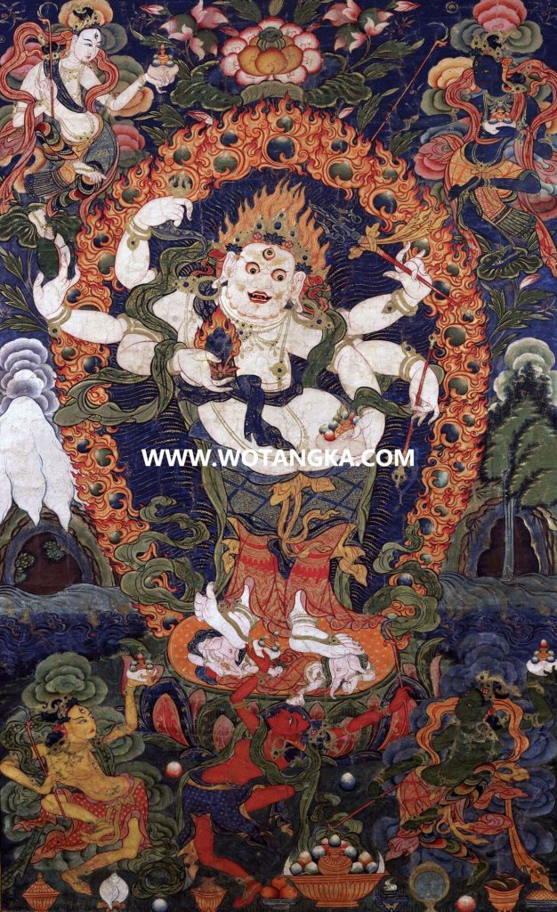 沃唐卡·觉蝉印坊微喷唐卡编号ZC71178：白六臂玛哈嘎拉四财源度母吉祥财富供养图